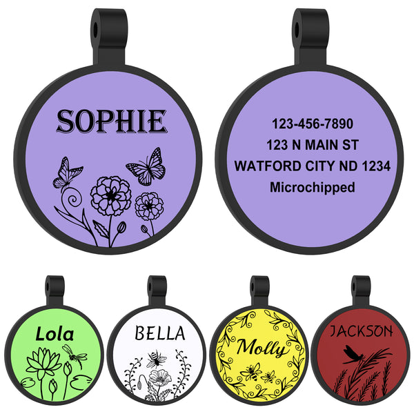 Silicone Dog Tags - GISUERY Silent Dog Tag - No More Jingling and Waterproof - Personalized Indoor Dog Tag with Double-Sided Engraving - Soundless Puppy Kitten Pet ID Tag (Round - Flora)