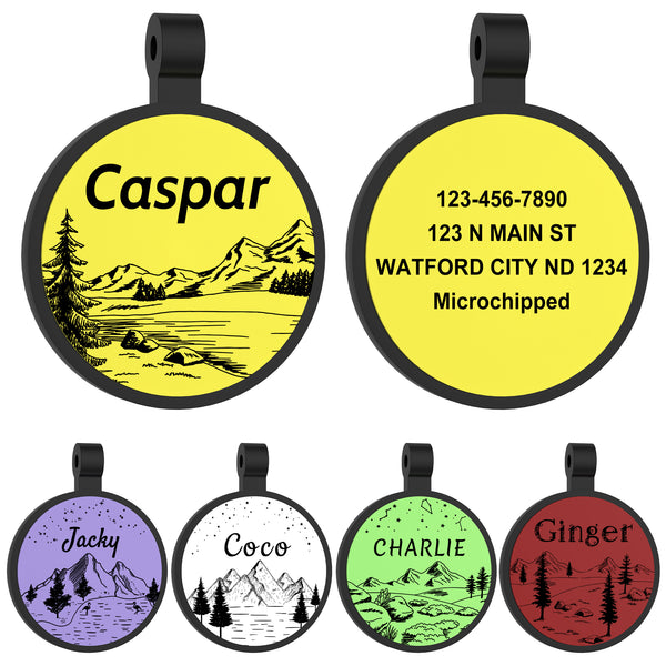 Silicone Dog Tags - GISUERY Silent Dog Tag - No More Jingling and Waterproof - Personalized Indoor Dog Tag with Double-Sided Engraving - Soundless Puppy Kitten Pet ID Tag (Round - Mountain)