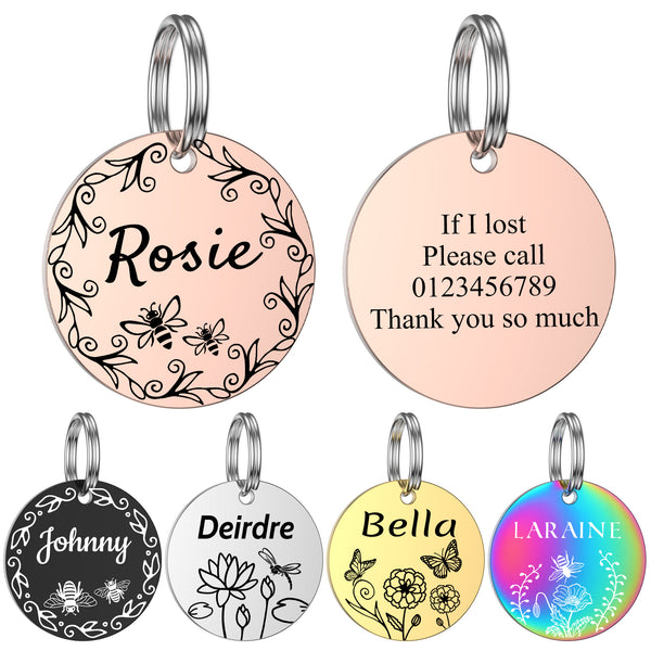Dog Tags Engraved for Pets - GISUREY Personalized Dog Tags with Floral Patterns - Polished Stainless Steel and Engraved on Both Sides - Dog Cat Name Tags with 9 Styles (Round - Flora) MY001/B0C3HCW3RD