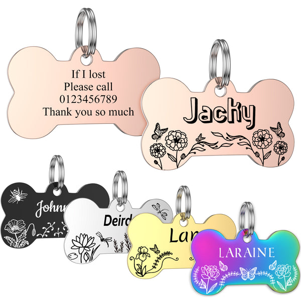 Dog Tags Engraved for Pets - GISUREY Personalized Dog Tags with Floral Patterns - Polished Stainless Steel and Engraved on Both Sides - Dog Cat Name Tags with 9 Styles (Bone- Flora) MY001/B0C3HGD6C4