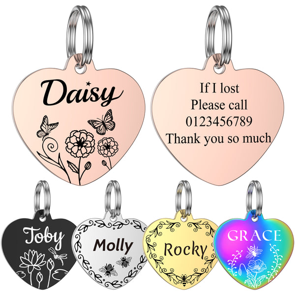 Dog Tags Engraved for Pets - GISUREY Personalized Dog Tags with Floral Patterns - Polished Stainless Steel and Engraved on Both Sides - Dog Cat Name Tags with 9 Styles (Heart - Flora)  Miaoyi001/B0C3HG57NY