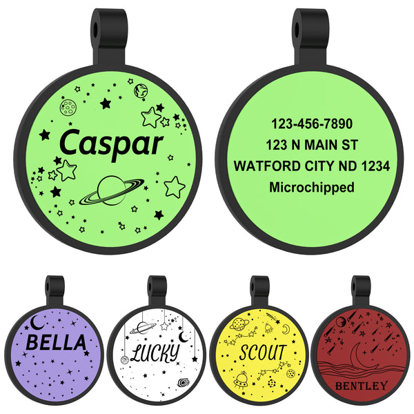 Silicone Dog Tags - GISUERY Silent Dog Tag - No More Jingling and Waterproof - Personalized Indoor Dog Tag with Double-Sided Engraving - Soundless Puppy Kitten Pet ID Tag (Round - Starry Sky)
