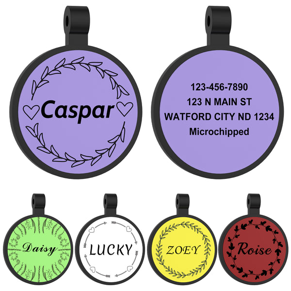 Silicone Dog Tags - GISUERY Silent Dog Tag - No More Jingling and Waterproof - Personalized Indoor Dog Tag with Double-Sided Engraving - Soundless Puppy Kitten Pet ID Tag (Round - Vine)
