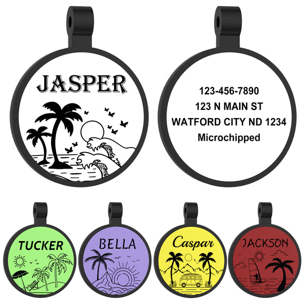 Silicone Dog Tags - GISUERY Silent Dog Tag - No More Jingling and Waterproof - Personalized Indoor Dog Tag with Double-Sided Engraving - Soundless Puppy Kitten Pet ID Tag (Round - Beach)