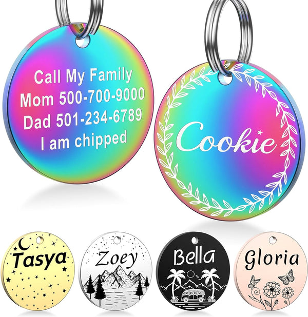 GISUREY Dog Tags Stainless Steel Pet Tags Personalized Double-Sided Engraved Dog and Cat Tags Custom Pet Name ID Tag, Various Design Options (Round) ML01/B0BZVX55YL